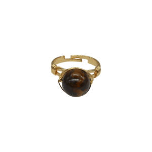 Anillo ajustable de latón con piedra ojo de tigre en forma de esfera