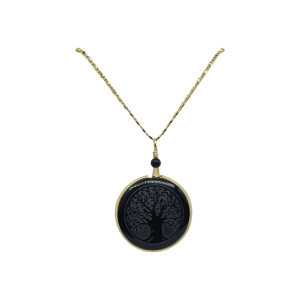 Collar de piedra obsidiana con árbol de la vida tallada con cadena de acero inoxidable color dorado