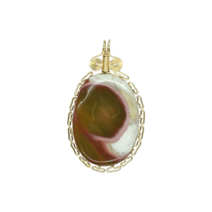Dije de piedra royal imperial jasper con engarzado tipo greca inca con alambre de oro laminado