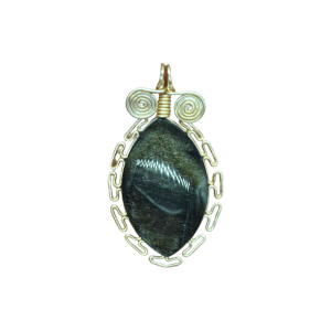 Dije de piedra obsidiana dorada con engarzado tipo greca inca con alambre de oro laminado