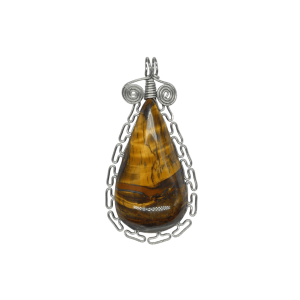 Dije de piedra ojo de tigre con engarzado tipo greca inca con alambre de acero inoxidable