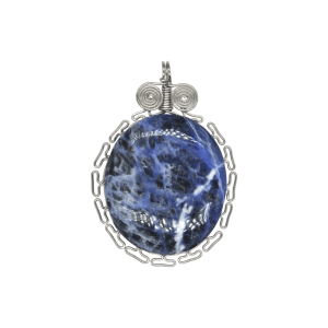 Dije de piedra sodalita con engarzado tipo greca inca con alambre de acero inoxidable